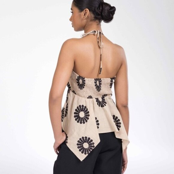 Women's Off White Floral Halter Neck Top, Sleeveless Woven Cotton, Gift for Her - Picture 7 of 8